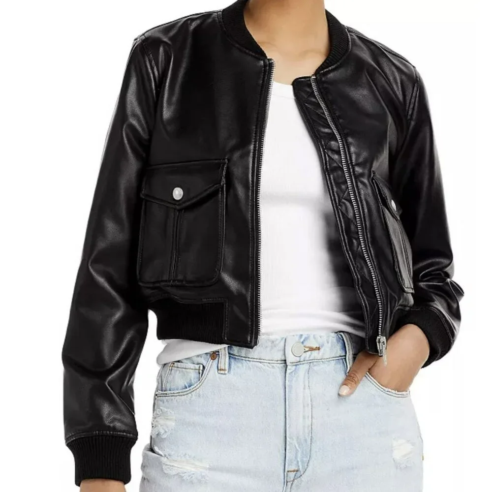 Blank NYC Black Vegan Faux Leather Bomber Jacket Sz Large NWT